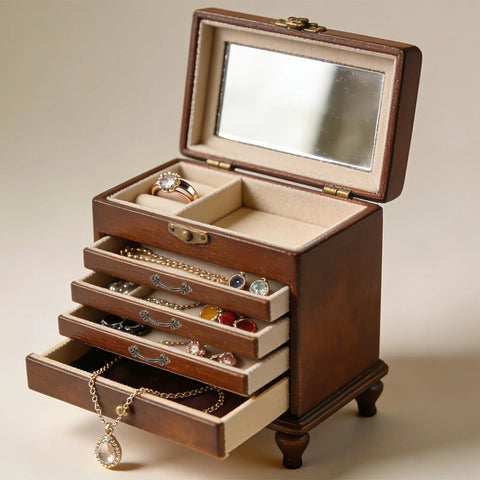 Jewelry box with vintage mini drawer pulls in antique bronze finish, ideal for small cabinets, showcasing the 20 pack set with screws.