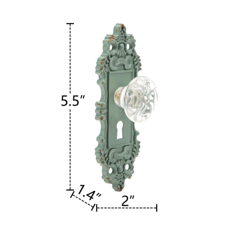 2 Pack Vintage Cabinet Knob Set With Distressed Pewter Finish And Clear Resin Knob on ornate matte green backplate
