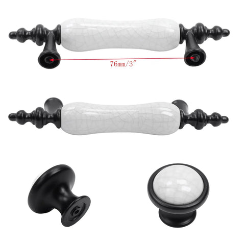 Eight Piece Crack Pattern White Ceramic Cabinet Pulls And Drawer Knobs Set In Antique Black with three inch center holes
