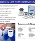 Moose Supply SX-69 vinyl cement glue with usage features and recommended applications, showing application on vinyl patch.