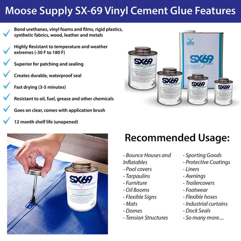 Moose Supply SX-69 vinyl cement glue with usage features and recommended applications, showing application on vinyl patch.