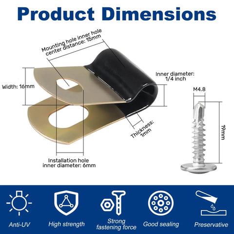 50 Set Vinyl Coated Cable Clamps 1/4 Inch With 304 Stainless Steel Truss Head Self Tapping Screws Metal Rubber Clamp Dimensions