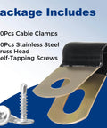 50 Set Vinyl Coated Cable Clamps 1/4 Inch With 304 Stainless Steel Truss Head Self Tapping Screws, shown in package.