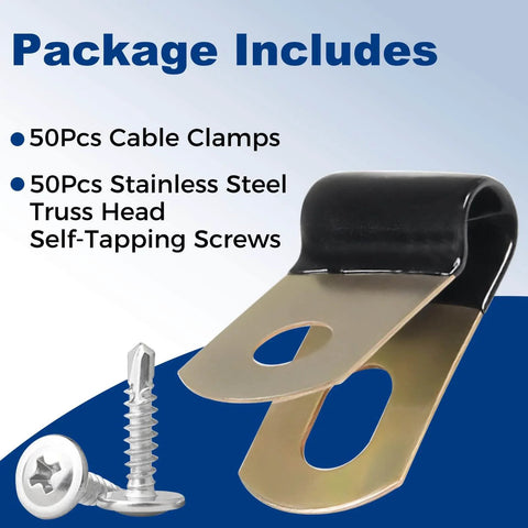 50 Set Vinyl Coated Cable Clamps 1/4 Inch With 304 Stainless Steel Truss Head Self Tapping Screws, shown in package.