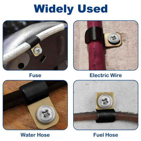 50 Set Vinyl Coated Cable Clamps 1/4 Inch With 304 Stainless Steel Truss Head Self Tapping Screws Metal Rubber Clamp for pipe hose wire cord installation shown on fuse, electric wire, water hose, fuel hose