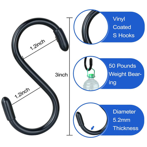 Vinyl coated S hook, 3 inch length, 1.2 inch width, 50 pounds weight bearing, 5.2mm thickness, accessory for heavy duty utility cart.