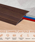 Floor Transition Strip Self Adhesive Vinyl Door Threshold in deep brown wood grain bridging carpet and tile flooring.