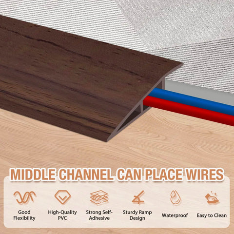 Floor Transition Strip Self Adhesive Vinyl Door Threshold in deep brown wood grain bridging carpet and tile flooring.