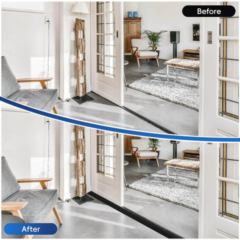 Before and after installation of Vinyl Floor Transition Strip Door Threshold Self Adhesive 36 inch, showing doorway improvement.