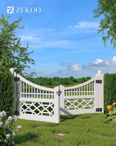 Stainless Steel Gate Hardware Kit With Self Closing Hinges And Latch For Vinyl And Wood Fences in garden setting