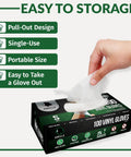 Person pulling glove from box labeled Heavy Duty Vinyl Gloves Latex Free Powder Free Medium Size 100 Count Food Safe