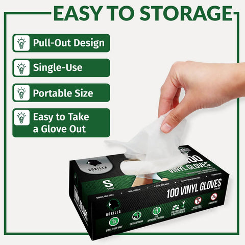 Person pulling glove from box labeled Heavy Duty Vinyl Gloves Latex Free Powder Free Medium Size 100 Count Food Safe