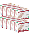 Boxes of 100 Powder Free Vinyl Gloves 4.3 Mil Clear Latex Free for Food Service Cleaning displayed