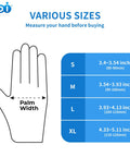 Size chart for Powder Free Vinyl Gloves 4.3 Mil Clear Latex Free For Food Service Cleaning showing S to XL palm width measurements.
