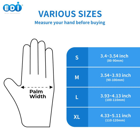 Size chart for Powder Free Vinyl Gloves 4.3 Mil Clear Latex Free For Food Service Cleaning showing S to XL palm width measurements.