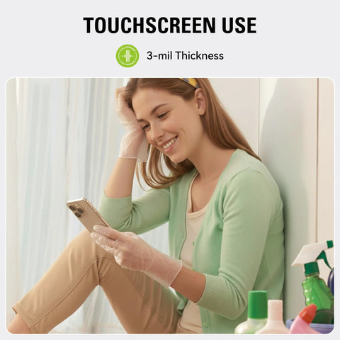 Disposable Vinyl Gloves For Food Prep And Cooking, Powder Free Latex Free Clear PVC Gloves, woman using touchscreen with gloves