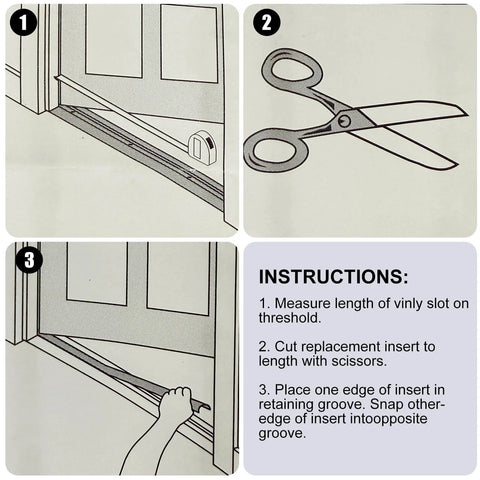 Instructions for installing 2 Pcs 36 Inch Vinyl Replacement Insert for Adjustable Height Aluminum Thresholds with Seals 1-5/16 x 3/8.