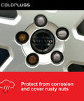Close-up of wheel with black Vinyl Lug Nut Covers on 21-23 mm lugs, protecting threads from corrosion and grime.