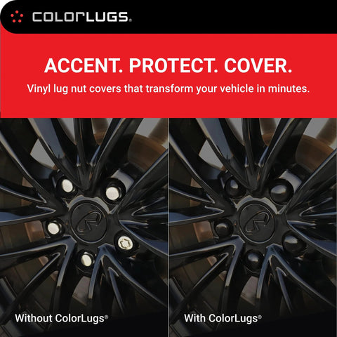 Vinyl Lug Nut Covers Black Flexible Fit For 21 To 23 Mm Lug Nuts Pack Of 25 Includes Deluxe Extractor Made In The USA shown on wheels.