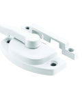 Vinyl Sash Lock For Single And Double Hung Windows With Two And One Sixteenth Inch Center Mounting Holes Diecast White Cam Type Locking Mechanism For Meeting Rails, white view showing lock and keeper components on a plain background.