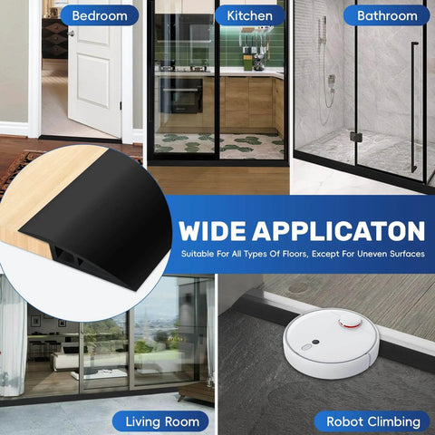 Vinyl Floor Transition Strip Door Threshold Self Adhesive 36 inch, shown in various home settings, including bedroom and kitchen.