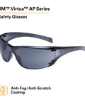 Virtua AP Safety Glasses ANSI Z87 Anti Fog Anti Scratch Gray Lens Side Shields with wraparound design and side shields