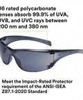 Virtua AP Safety Glasses ANSI Z87 Anti Fog Anti Scratch Gray Lens with side shields displaying UV protection and impact rating text.