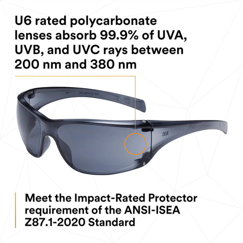 Virtua AP Safety Glasses ANSI Z87 Anti Fog Anti Scratch Gray Lens with side shields displaying UV protection and impact rating text.