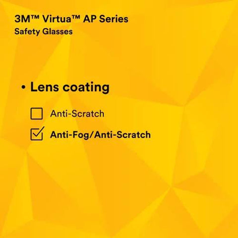 Infographic of Virtua AP Safety Glasses ANSI Z87 Anti Fog Anti Scratch Gray Lens Side Shields highlighting anti-fog coating feature.