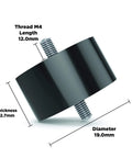 Side view of Sorbothane Male To Male Vibration Stud Mount For M4 Threads, 12.7mm height, 19mm diameter, in black polymer