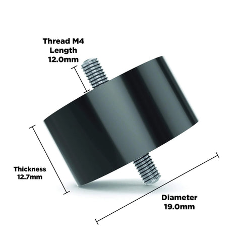 Side view of Sorbothane Male To Male Vibration Stud Mount For M4 Threads, 12.7mm height, 19mm diameter, in black polymer