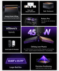 Features of Vision Pro 45W Laser Engraver including auto-lifting, rotary pro, 600mm/s speed, 22.83x15.75in bed, and BeamFocus technology.