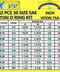 Chart showing 382 pcs 30 size SAE Viton O Ring Kit with measurements, ID, OD, and CS specifications.