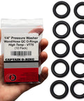 Hand holding 10-pack of heavy duty high temperature Viton FKM O rings for 1/4 inch quick connect pressure washer couplers