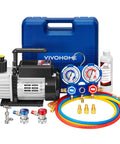 VIVOHOME 110V 1/4 HP 3.5 CFM Single Stage Rotary Vane HVAC Vacuum Pump and 3 Way AC Manifold Gauge Set with 4ft Hoses & Accessories for Auto Air Conditioning Refrigeration Recharging, Black, with carry case and oil bottle.