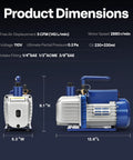 Two Stage Sparkless HVAC Vacuum Pump 0.5 HP 5 CFM side and front view with specifications