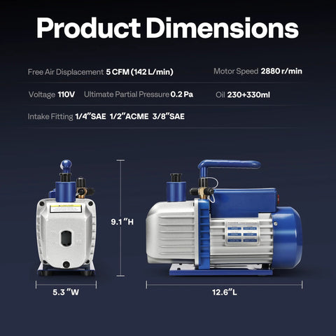 Two Stage Sparkless HVAC Vacuum Pump 0.5 HP 5 CFM side and front view with specifications