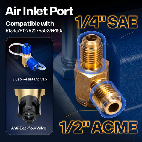 VIVOHOME 5 CFM 1/2 HP 2 Stage HVAC Vacuum Pump air inlet port, 1/4" SAE, 1/2" ACME connections, compatible with R134a R12 R22 R502 R410a