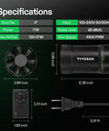4 Inch Inline Exhaust Fan With Speed Controller Delivers 130 CFM Of Pro Grade High Performance Ventilation And Low Noise Operation For Grow Tents Greenhouses Basements Bathrooms Kitchens Attics And Workshops VIVOSUN with specifications chart including dimensions and features.