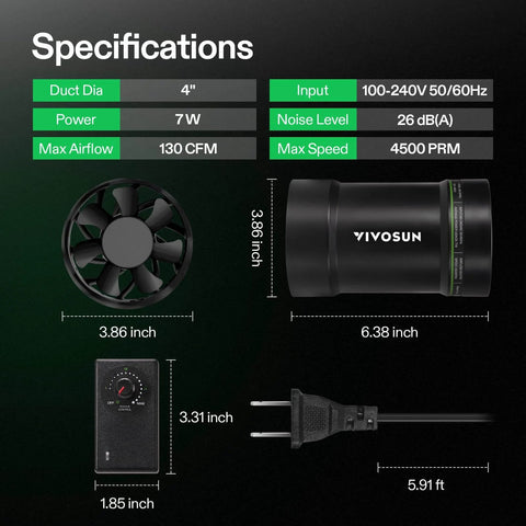 4 Inch Inline Exhaust Fan With Speed Controller Delivers 130 CFM Of Pro Grade High Performance Ventilation And Low Noise Operation For Grow Tents Greenhouses Basements Bathrooms Kitchens Attics And Workshops VIVOSUN with specifications chart including dimensions and features.
