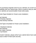 Guide highlighting cabinet types suitable and unsuitable for Vmaisi magnetic locks installation for safety.