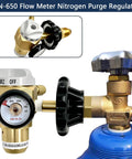 Nitrogen Purging Regulator VN650 With 650 PSI Flow Meter connected to gas valve, showing easy flow control knob and quarter-inch flare outlet.