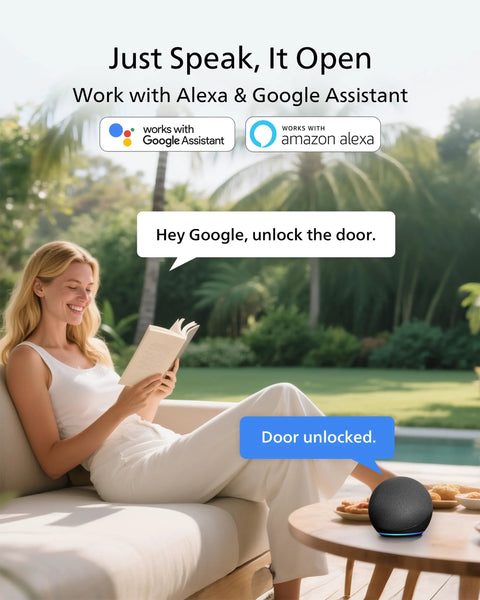Woman using Smart WiFi Keypad Front Door Lock With Handle And Auto Lock For Keyless Entry And Voice And Fingerprint Unlock App Remote Control 2 4 GHz Connectivity Digital Front Door Lock Set For Enhanced Home Security via voice control in garden