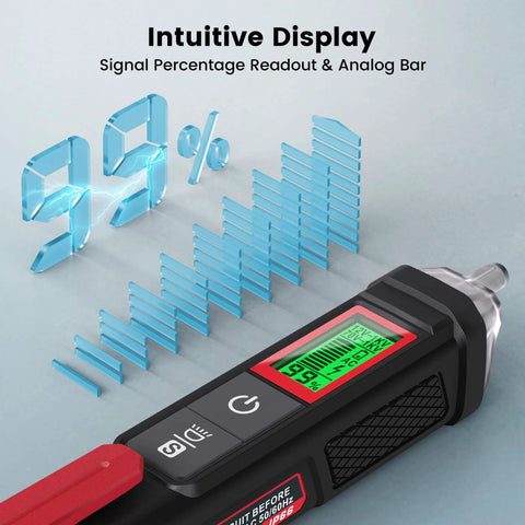 Voltage Tester/Non-Contact Voltage Tester with Signal Percentage and LCD Display showing 99% signal reading.