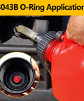 10 Pack 3043B O Ring Replacement Set For VP Racing Fuels 3042 Utility Jug Caps shown sealing red fuel jug neck.