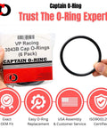 Six Pack Replacement 3043B O Rings For VP Racing Fuels 3042 Gas Can Caps shown in packaging and individual o-ring display