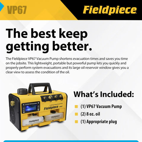 Fieldpiece VP67 portable HVAC vacuum pump with accessories