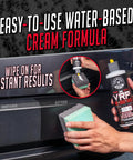 Applying VRP Vinyl Rubber And Plastic Dressing For Tires Trim And Surfaces 16 oz to car bumper with sponge for dry non-greasy shine