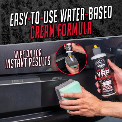 Applying VRP Vinyl Rubber And Plastic Dressing For Tires Trim And Surfaces 16 oz to car bumper with sponge for dry non-greasy shine