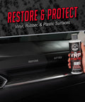 Person holding VRP 16 oz bottle near dashboard showing before and after effects of using Vinyl Rubber And Plastic Dressing For Tires Trim And Surfaces Delivers A Non Greasy Dry To The Touch Shine That Restores Rich Depth To Tires Bumpers Dashboards And More Safe For Cars Trucks SUVs RVs 16 Oz.